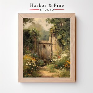 Secret Garden Gate Wall Art - Overgrown Cottage Garden Scene with Weathered Wood and Wild Blooms, Rustic Outdoor Botanical Decor Download