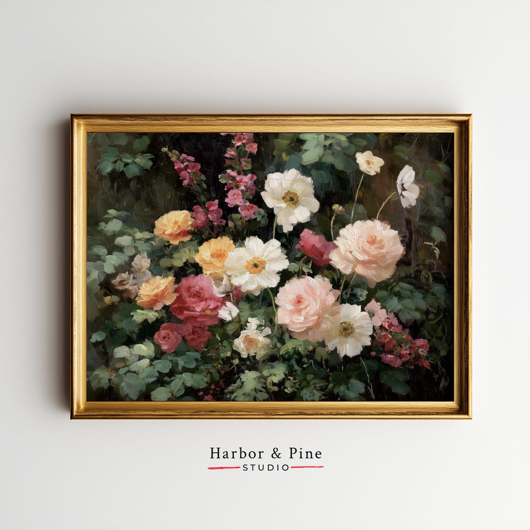 Vintage Romantic Rose Bouquet Printable - Moody Botanical Wall Art With ...