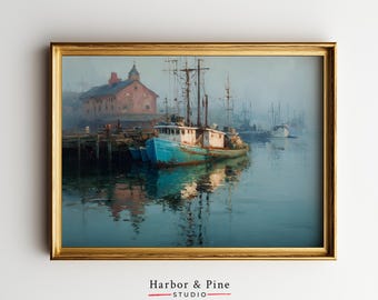 Moody Vintage Fishing Boat Print - Printable Seaside Wall Art, Nautical Dock Scene, Impressionistic Coastal Decor, Digital Download 1496