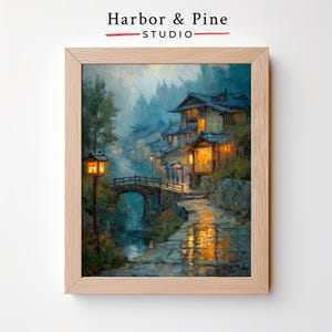 Rainy Evening Village Wall Art – Cottagecore Lantern Scene, Rustic Night Street Decor, Moody Village View, Digital Download Painting