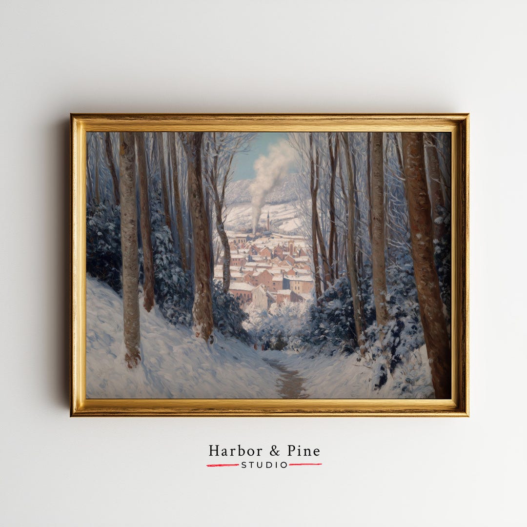 Printable Vintage Winter Snowy Village Wall Art - Rustic Landscape ...