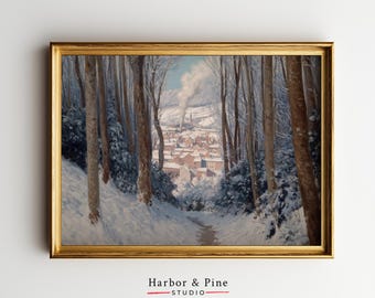 Vintage Winterlandschaft mit Dorfmotiv, verschneite Landschaft, druckbares Wandbild (digitaler Download) 1844