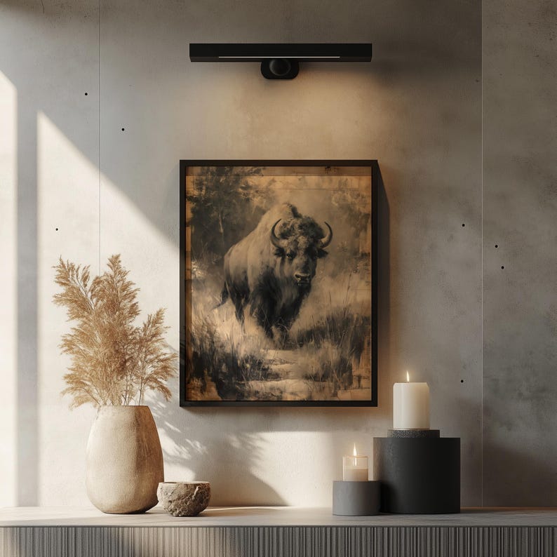 Charcoal Bison Wall Art - Neutral Western Animal Print, Rustic Buffalo ...
