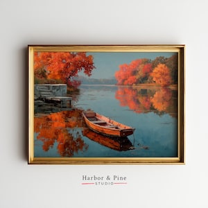 Rustikale Herbst See Landschaft Boot - Cottagecore Herbst Wand Kunst, Vintage Orange Dekor, Reflektierende Wasserszene, druckbare Outdoor Malerei 1570