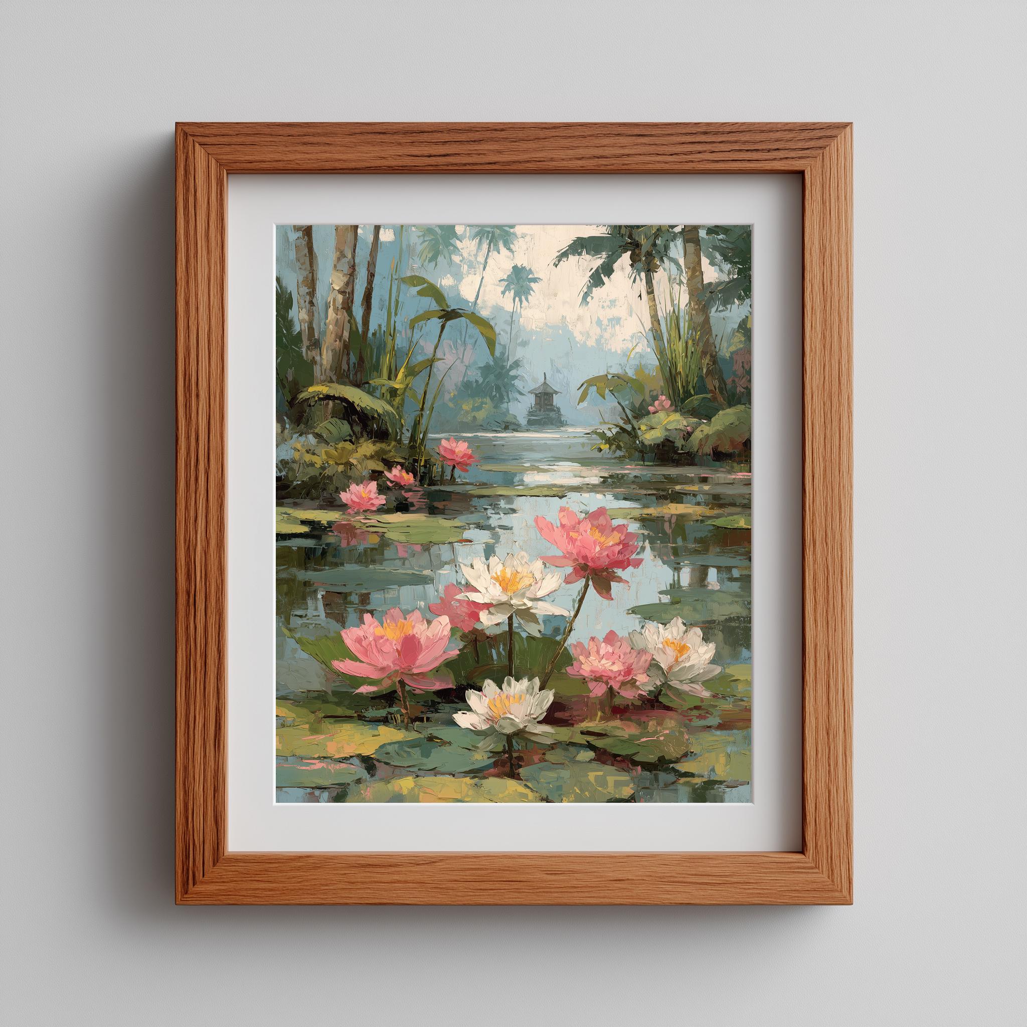 Pink Lotus Pond Wall Art Printable – Tranquil Water Lily Scene, Rustic ...