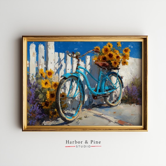 Vintage Bicycle Painting in Sunflower Field Rustic Summer Wall