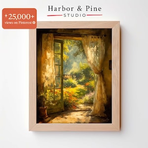 Summer View through Cottage Window Printable, Lac and Landscape Painting, Rustic Wall Decor, Cottagecore Digital Art