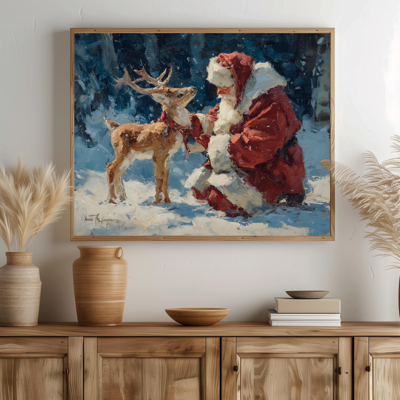 Christmas Santa With Rudolph Painting - Vintage Holiday Print, Rustic ...