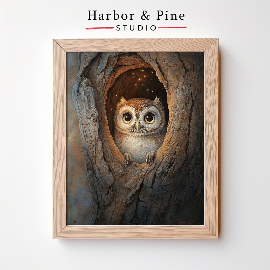Rustic Owl in Tree Hollow Print – Woodland Animal Art, Mystical Forest ...