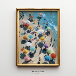Coastal Beach Scene Printable - Overhead View of Vibrant Beachgoers, Summer Art, Colorful Decor, Ocean Landscape Wall Art 1701