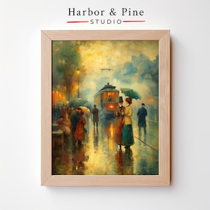 Quiet City Station under Light Rain Oil Painting - Printable Urban Wall Art, Moody Cityscape Decor, Rustic Urban Digital Download 934