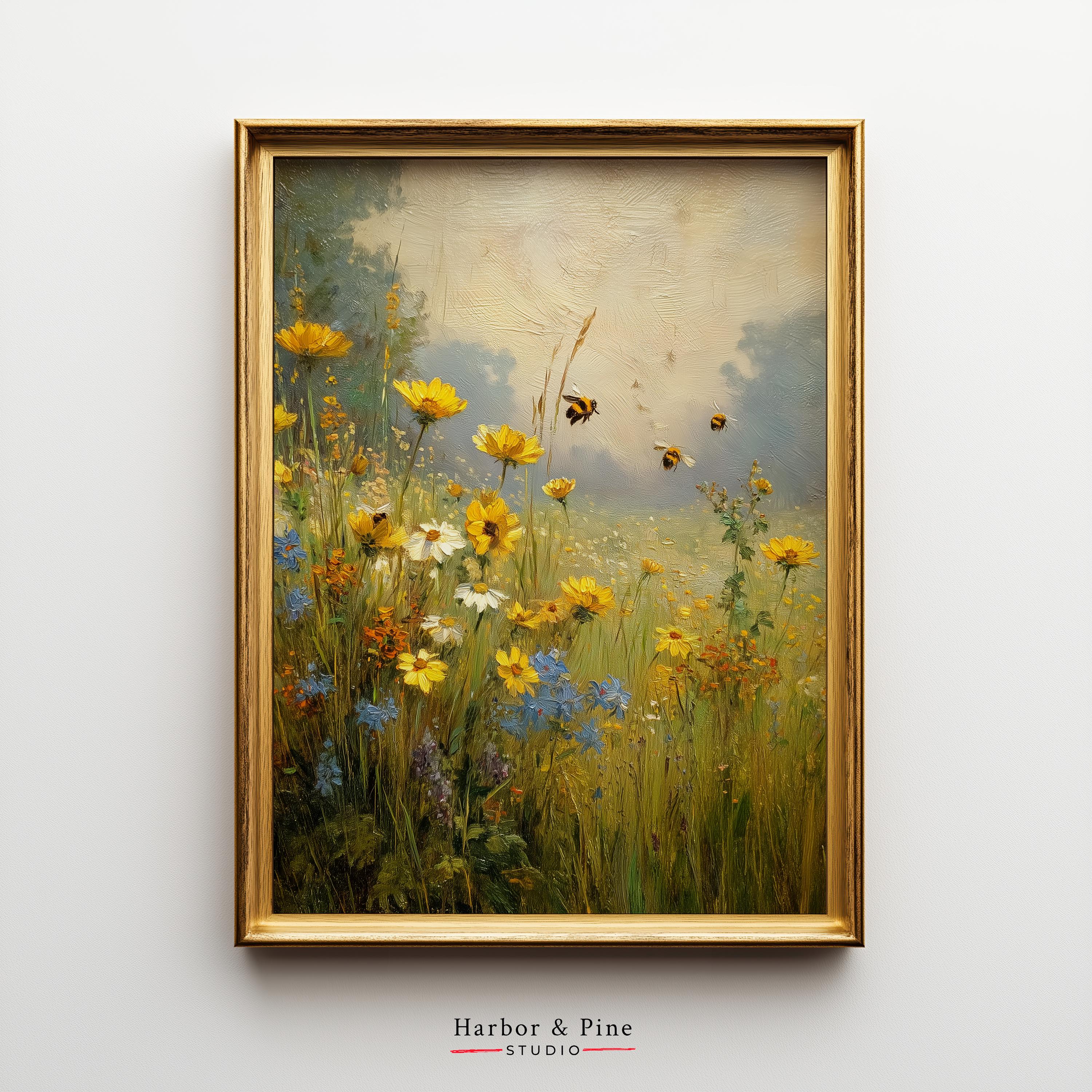Goldenes Wildblumenfeld mit Bienen Wandkunst Sommer Bestäuber Blumendruck, rustikaler Cottagecore Stil, friedliche Wiesendekoration, digitaler Download