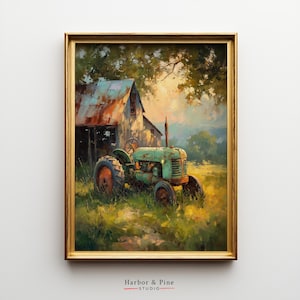 Weathered Green Tractor Wall Art – Vintage Farm Scene, Rustic Country Decor, Cottagecore Landscape Print, Digital Barnyard Artwork
