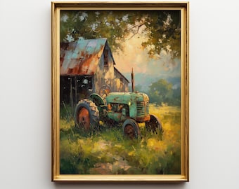 Weathered Green Tractor Wall Art – Vintage Farm Scene, Rustic Country Decor, Cottagecore Landscape Print, Digital Barnyard Artwork
