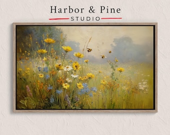 Wildflower & Bee Landscape Printable – Rustic Cottagecore Floral Wall Art, Sunlit Nature Scene, Botanical Garden Decor Digital Download