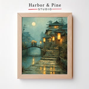 Night Village with Lanterns – Moody Evening Cottagecore Scene, Rustic Rainy Decor, Printable Street Lights Wall Art, Vintage View