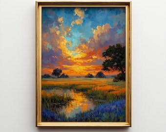 Sunset over Wild Iris Field - Rustic Summer Landscape Art, Colorful Sky, Earthy Nature Decor, Printable Wall Art, Cottagecore Print 1220