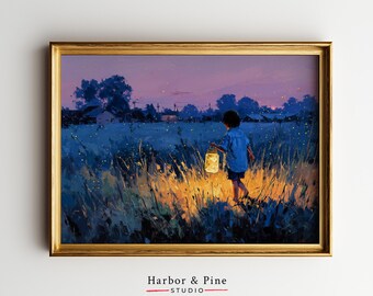 Arte de pared imprimible con luciérnagas al atardecer, noche rústica de otoño, linterna brillante, pintura de naturaleza al aire libre estilo cottagecore, decoración de ensueño 1531