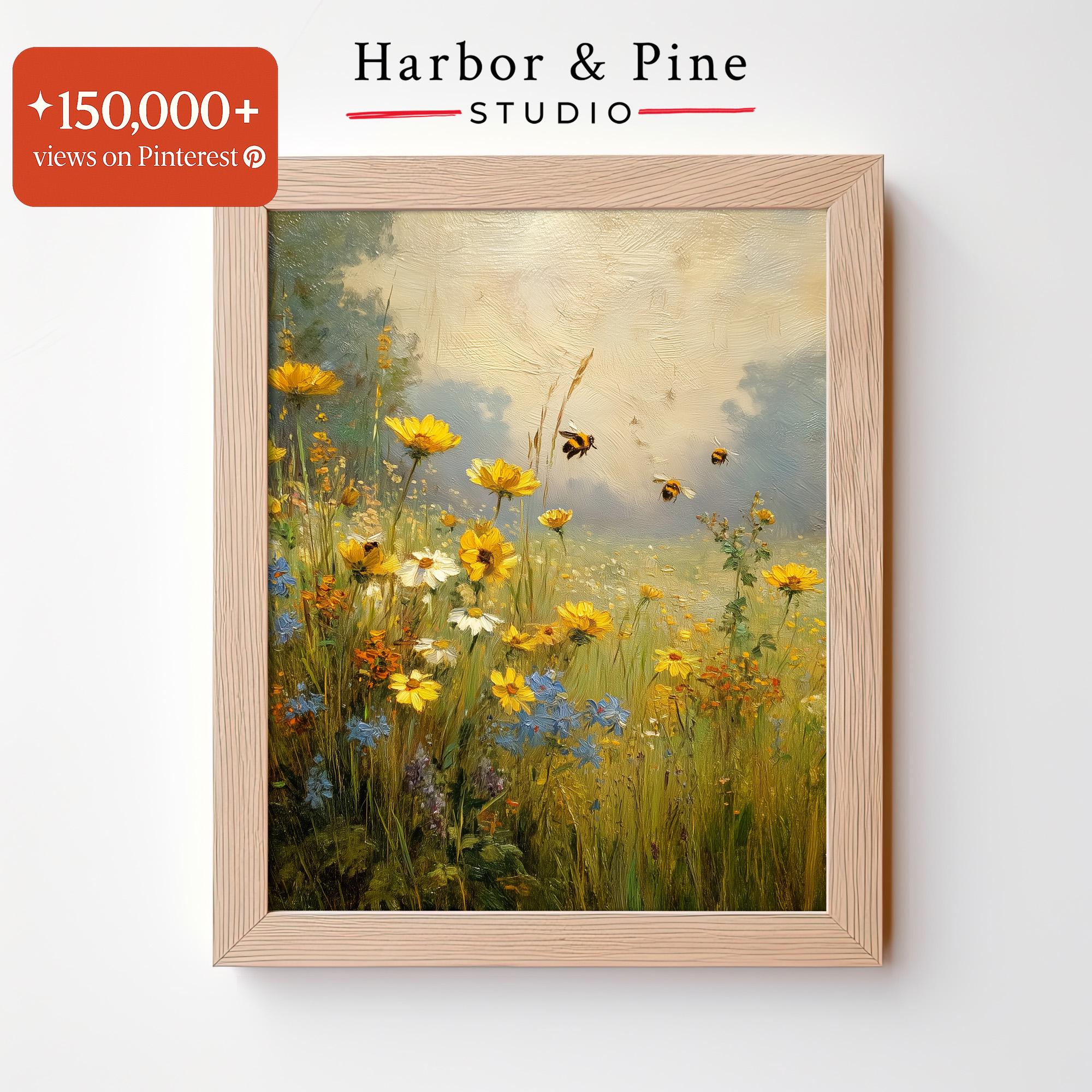Golden Wildflower Field with Bees Wall Art Summer Pollinator Floral Print, Rustic Cottagecore Style, Peaceful Meadow Decor, Digital Download