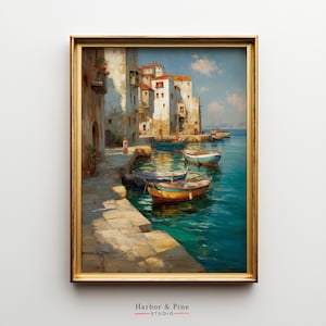 Mediterranean Harbor Scene Printable – Warm Coastal Wall Art, Colorful Seaside Village, Boats at Dock Digital Download, Nautical Decor