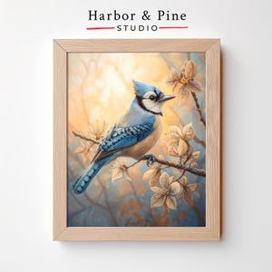 Blauhäher druckbare Kunst - Frühlingsvogel auf Blumenzweig, Wildtier Gemälde, ruhige neutrale Dekoration, digitale Kunst