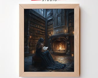Dark Academia Library Art Print, Candlelit Fireplace (Digital Download)