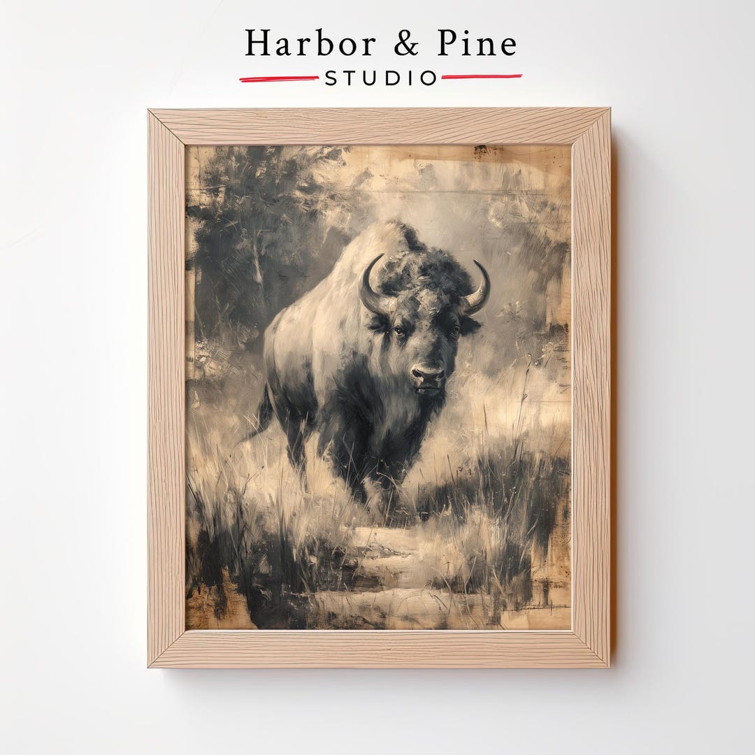 Charcoal Bison Wall Art - Neutral Western Animal Print, Rustic Buffalo ...