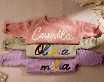 Hand Embroidered Name Baby Sweater,Custom Baby Name Sweater,Personalized Pink Baby Girls Sweater With Name,Birthday Gift For Baby Girls Boy