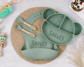 Custom Cartoon Weaning Set for Toddler Baby Kids,Custom Silicone Weaning Set,Baby Shower Gift,Eco-Friendly Baby Plate,Feeding Set With Name