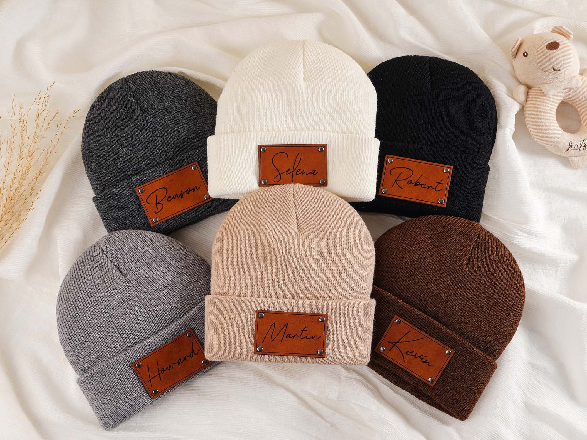 Newborn Baby Beanies,leather Patch Beanies for Baby Personalized