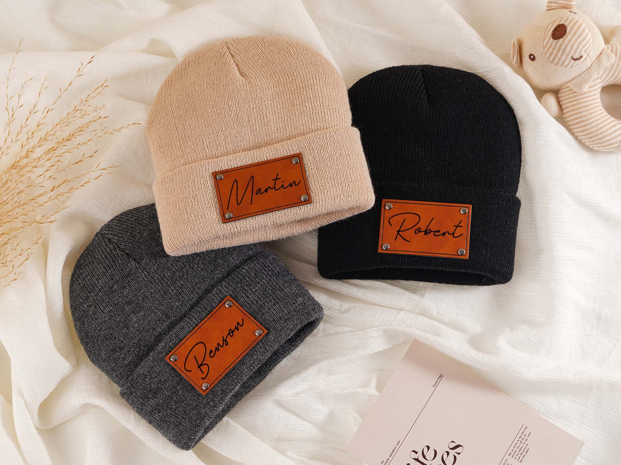 Newborn Baby Beanies,leather Patch Beanies for Baby Personalized