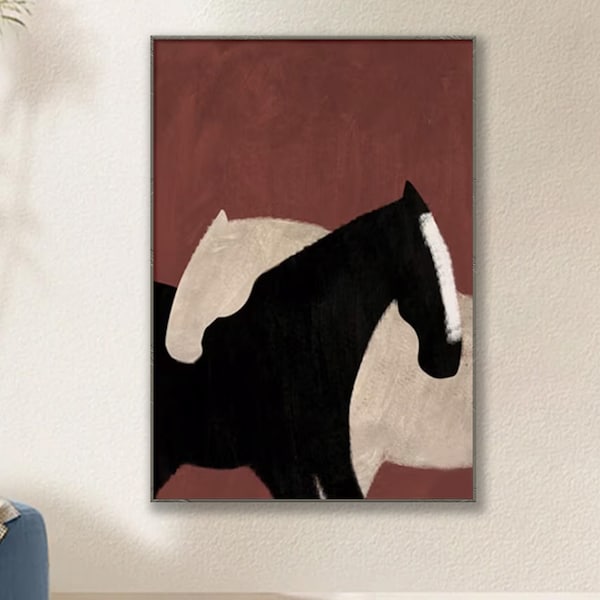 Abstract Black and White Horse Oil Painting on Canvas, Large Original Horses Canvas Wall Art, Modern Animal Wall Art for Living Room Bedroom