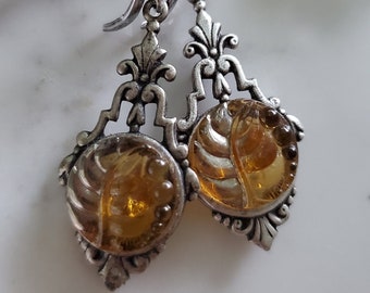 Autumn Leaf Earrings Dangle Leaf Earrings Silver Czech Glass Earrings Vintage Fall Earrings Dangle Yellow Earrings for Women Gift for Her