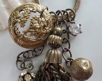 Long Boho Tassel Necklace: Vintage Brass, Rhinestone Statement Jewelry