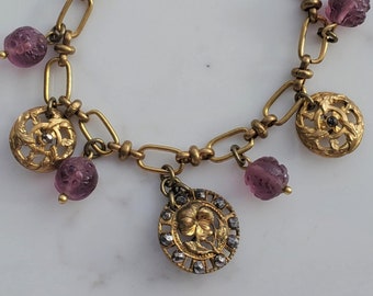 Antique Button Bracelet Victorian Jewelry Purple Bracelets for Women Cut Steel Button Bracelet Eclectic Jewelry Flower Bracelet Violet Gift