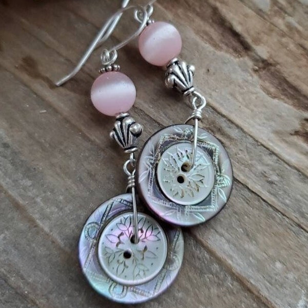 Victorian Antique Earrings, Antique Button Jewelry, Pearl Earrings, Valentine's Gift for Her, Birthday Gift, Vintage Jewelry, Pink Earrings