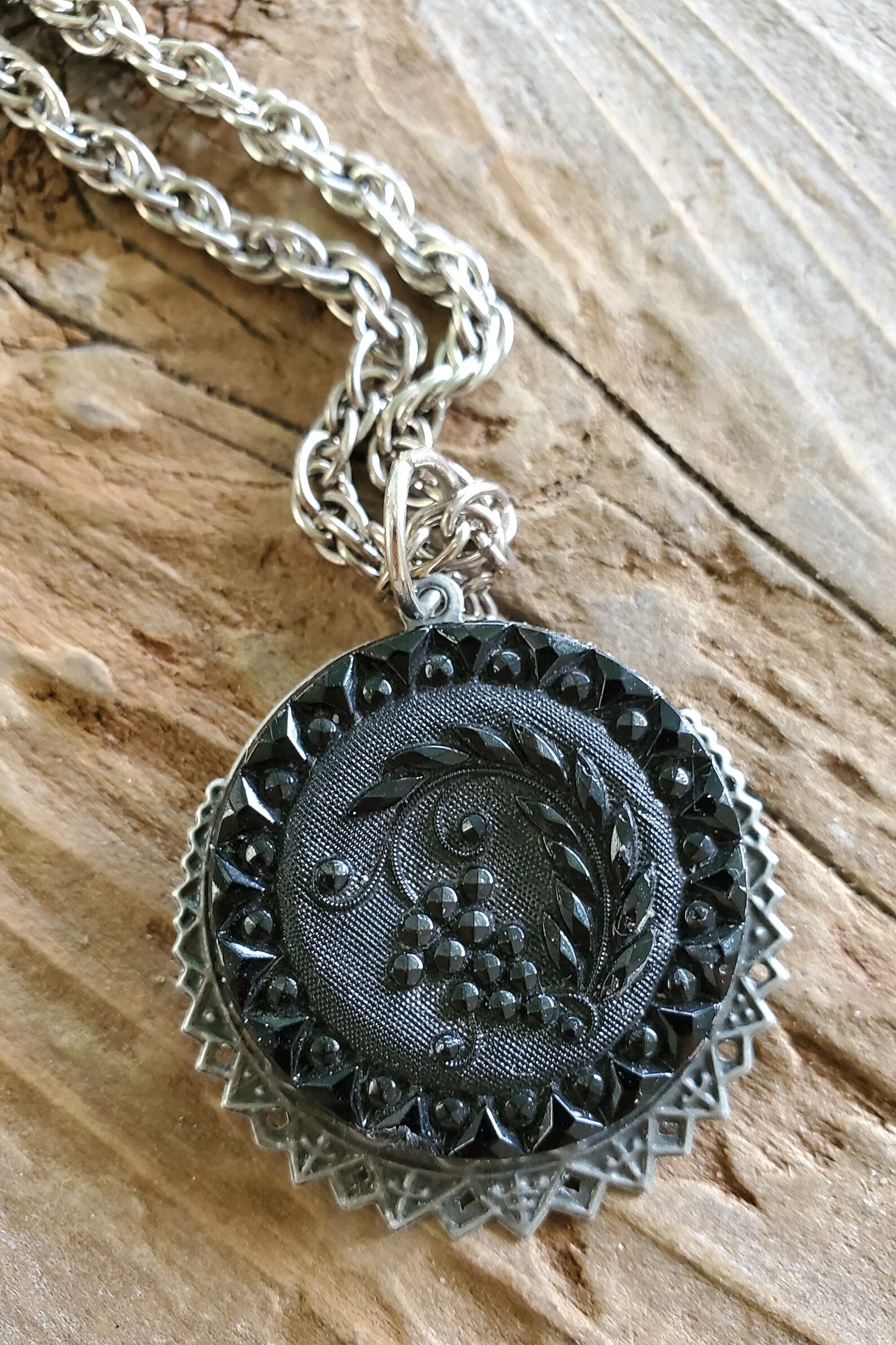Victorian Necklace Pendant Black Glass Necklace Antique Button Etsy
