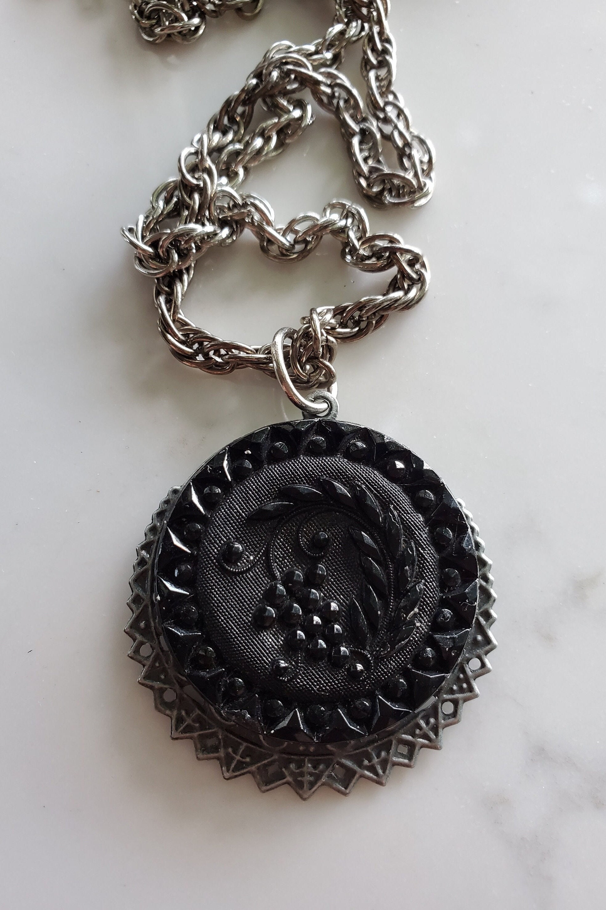 Victorian Necklace Pendant Black Glass Necklace Antique Button Etsy