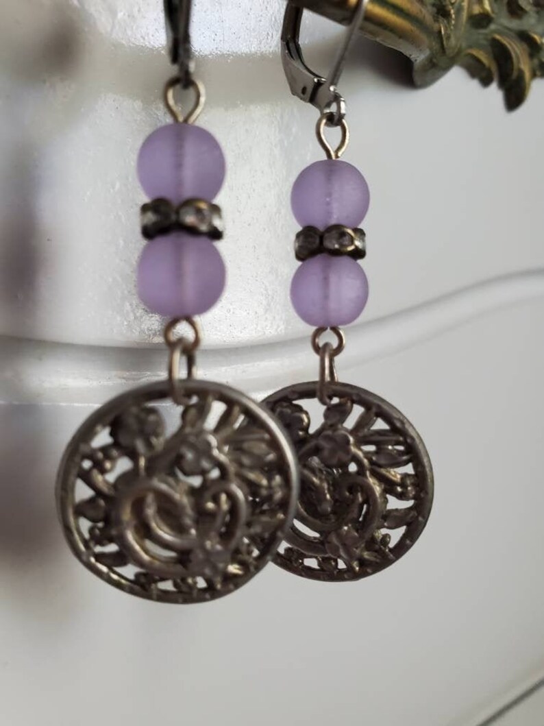 WiredVintage Purple Earrings Antique Button Earrings Vintage Earrings Silver Colored Earrings Antique Button Jewelry