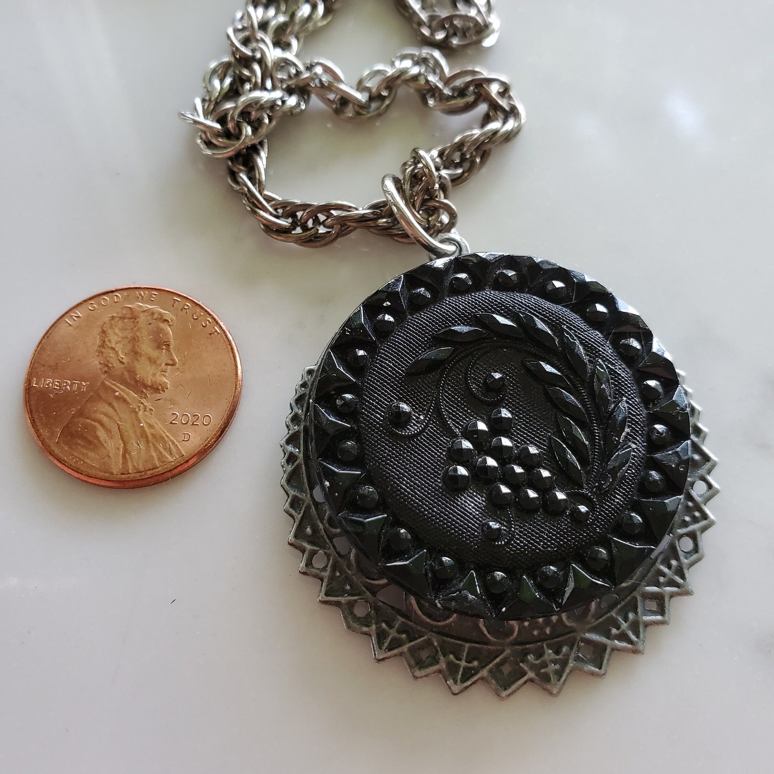 Victorian Necklace Pendant Black Glass Necklace Antique Button Etsy