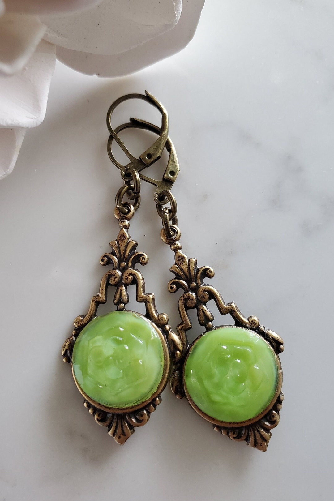 Czech Glass Jewelry Vintage Button Earrings Czech Glass Green Earrings Vintage Button Jewelry