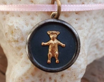 Kid's Necklace, Teddy Bear Necklace, Vintage Jewelry, Antique Button Jewelry, Bear Necklace, Pink, Christmas Gift for Her, 1880's Necklace
