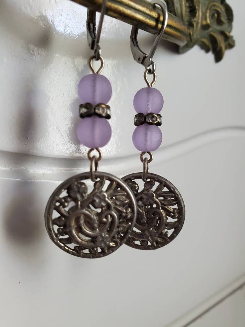 WiredVintage Purple Earrings Antique Button Earrings Vintage Earrings Silver Colored Earrings Antique Button Jewelry