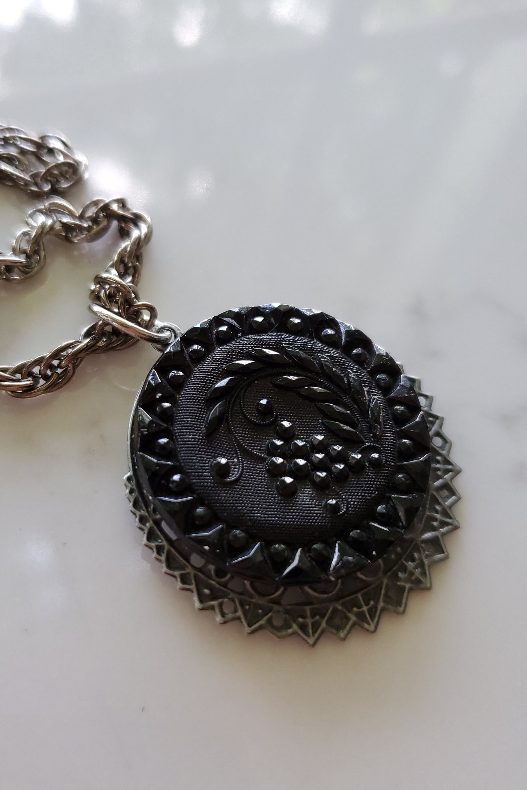Victorian Necklace Pendant Black Glass Necklace Antique Button Etsy