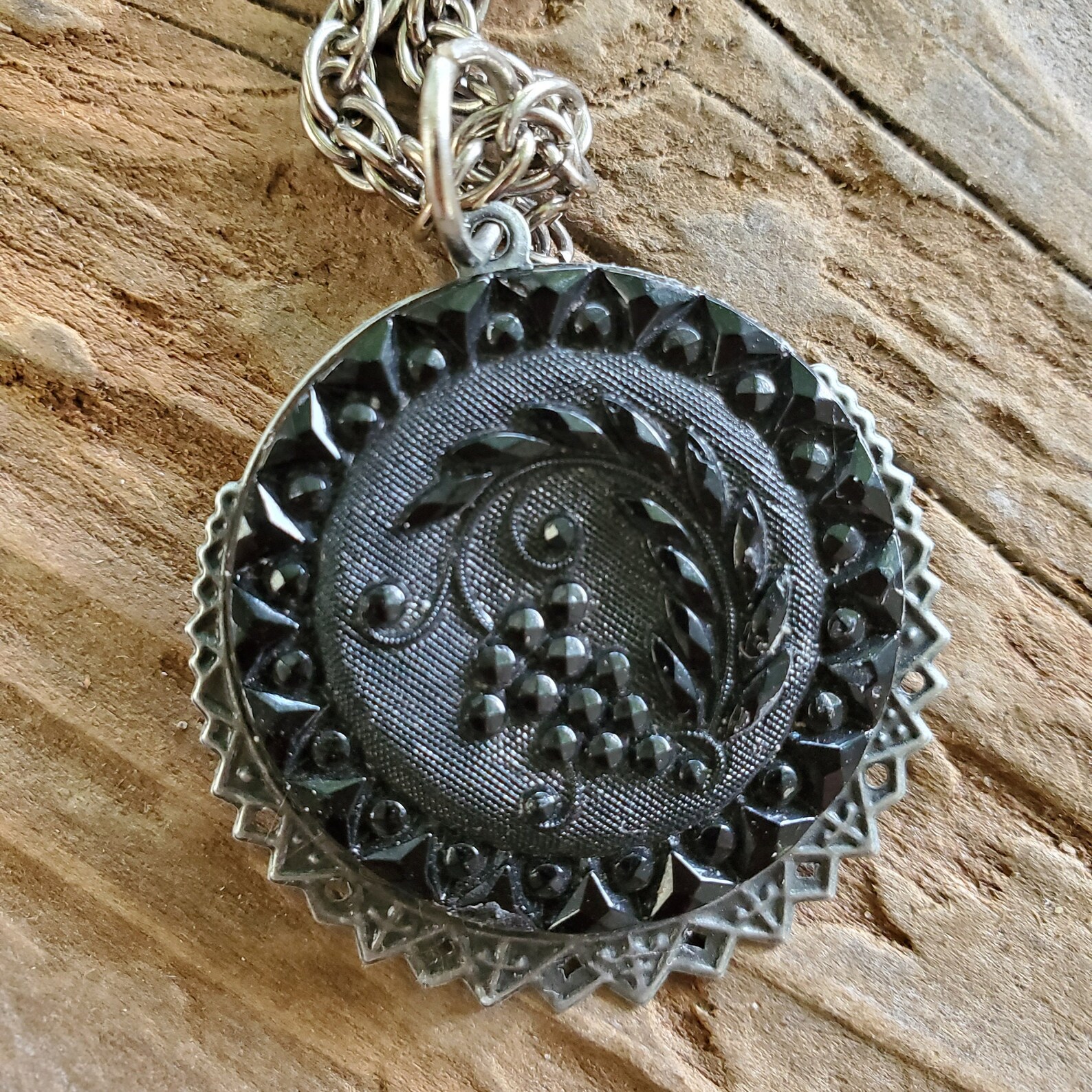 Victorian Necklace Pendant Black Glass Necklace Antique Button Etsy