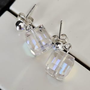 Swarovski Crystal Cube Earrings: Aurora Borealis Sterling Silver Posts