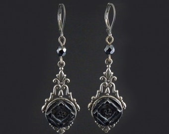 Antique button earrings Antique earrings Vintage button earrings Vintage earrings Black glass earrings Art deco earrings Assemblage earrings