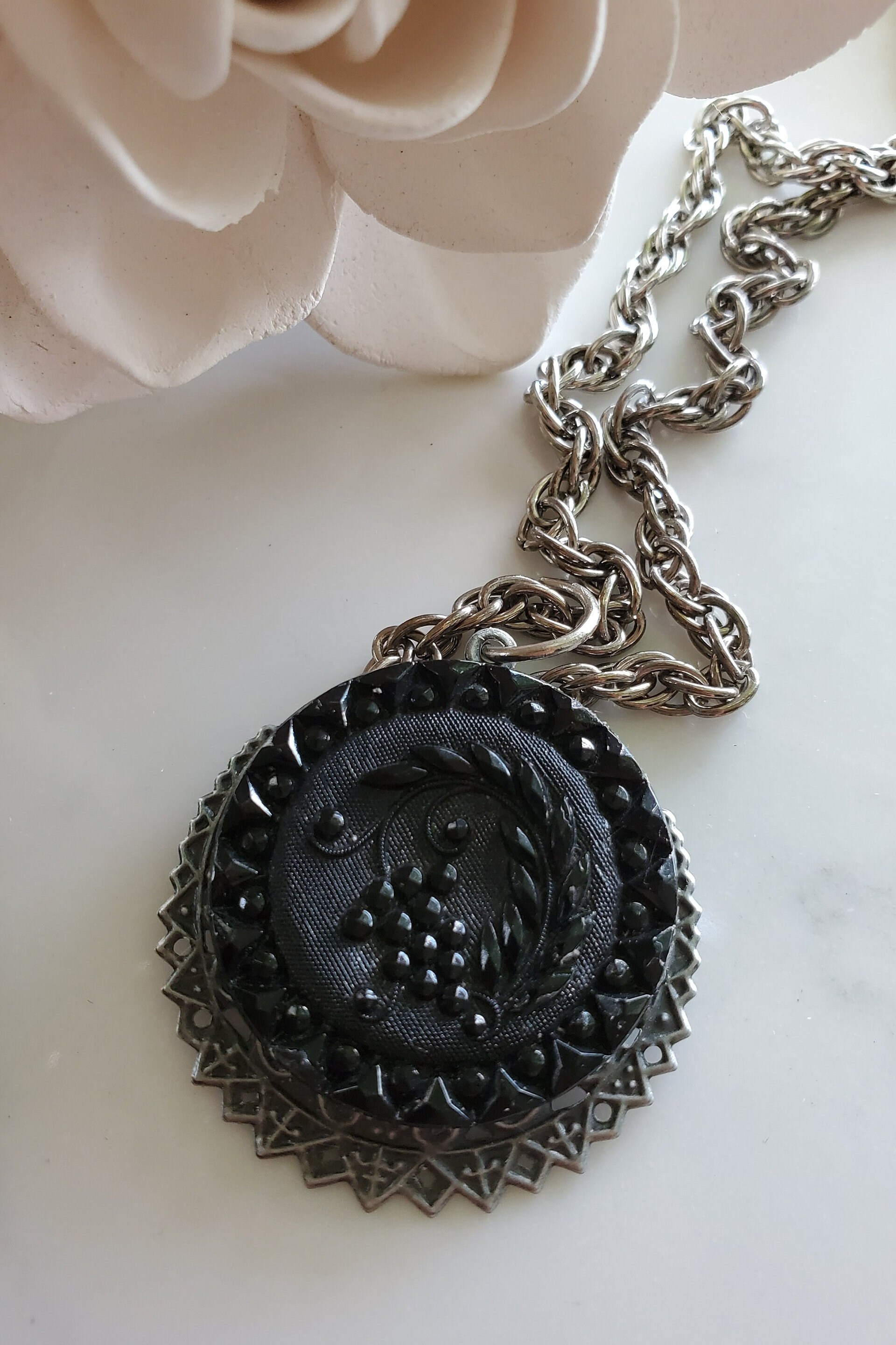 Victorian Necklace Pendant Black Glass Necklace Antique Button Etsy