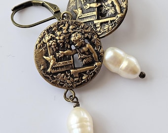 Victorian Bird Button Earrings: Freshwater Pearl Dangle Jewelry