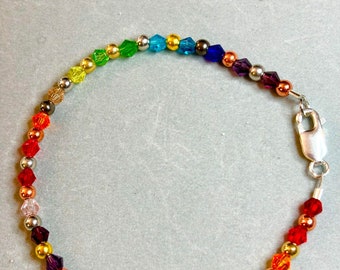 Bicone crystal Rainbow Chakra bracelet 8” with mixed metal plated beads and sterling silver filled  clasp